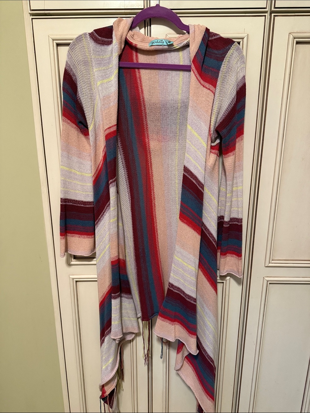 Goddis Multi-Color Striped Open Front Hooded Sweater Cardigan
